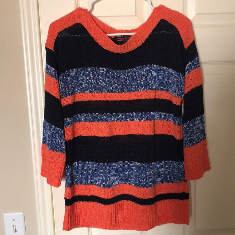 Striped Boat Neck Sweater Orange Blue Knit Striped Pullover